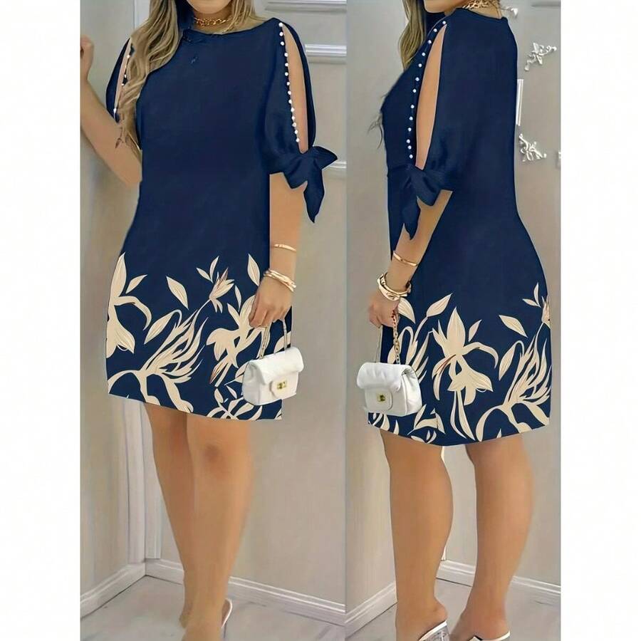 Vestido de mujer con estampado floral, mangas con volantes y adornos de perlas falsas, adecuado para vacaciones de primavera, us - Negro - Ver 1