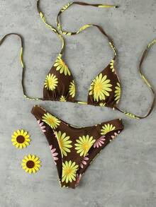 女款優雅春夏海灘度假黃色與粉色花卉印花性感掛脖休閒比基尼套裝，高彈性面料 - 彩色 - 查看 3