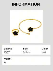 2er/Set eleganter Vierblattkleeblatt-Stil schwarzer Fünfblattkleeblatt-Blumen Damen offener Armreif & offener Ring, geeignet für Urlaubsgeschenke und Alltag-Outfit - Schwarz - Übersicht 7