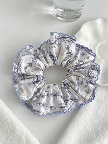 1pc Blue Ocean Print Square Scarf Scrunchie, Gentle & Sweet Versatile Hair Tie For Women - Multicolor - View 6