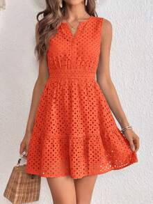 PRETTYGARDEN Women's Summer Dress Sleeveless V Neck Eyelet Cutout Swinging A-Line Flowy City Walks Wedding Guest Graduation Beach Vacation Sun Dress - 亮橙色 - 查看 3