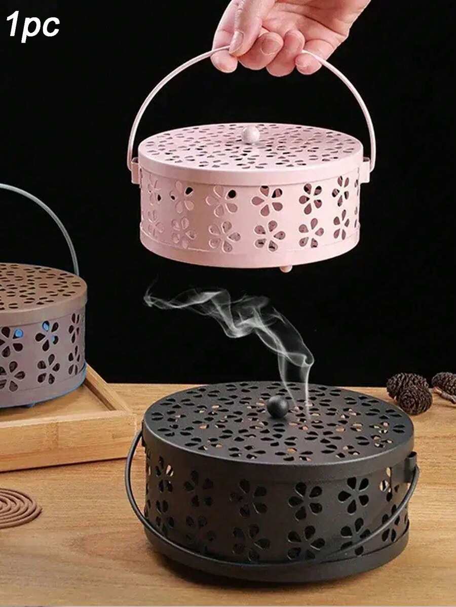 1個金屬蚊香架/檀香香爐托盤，復古精緻紋理－花卉圖案＋手柄籃，防蚊香盒/家用香爐，耐火防燙阻燃通用蚊香架，適用於廚房/客房/地下室/閣樓等室內區域以及戶外花園和森林。庭院蚊香爐，檀香灰燼托盤，夏季防蚊工具配件（不含蚊香），蚊蟲驅除工具