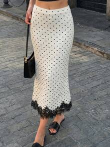 Women's Polka Dot Lace Patchwork Casual Versatile Daily Wear Knit Skirt - White - View 4