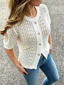 Plus Size Solid Color Casual Fashion Round Neck Hollow Out Button Knit Cardigan Summer - Apricot - View 5