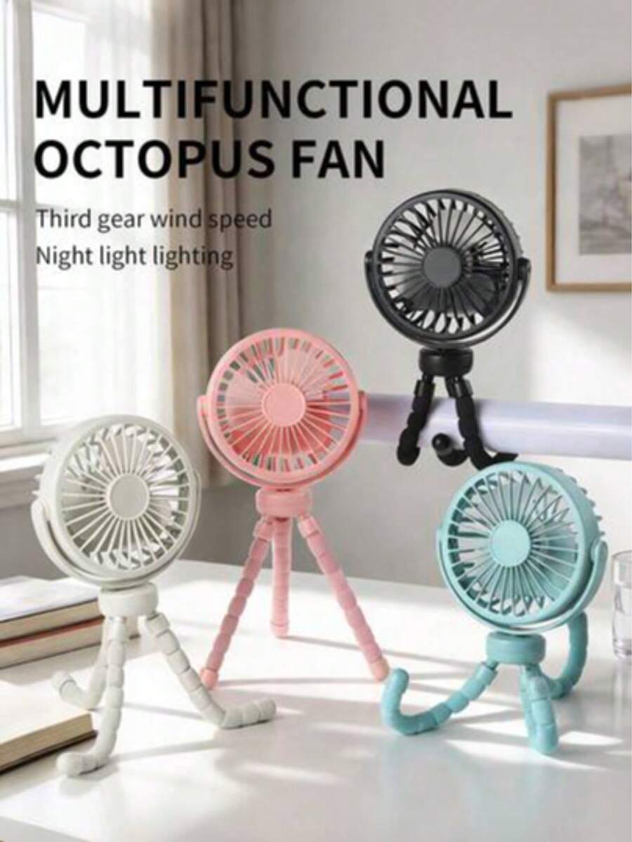 1pc Octopus Shaking Head Electric Fan, USB Charging Mini Handheld Fan, Fast Cooling Silent High Speed Portable Outdoor Fan, Adjustable Three Levels Multi Scene Placement, For Outdoor Road Trips,500mah - 彩色 - 查看 1