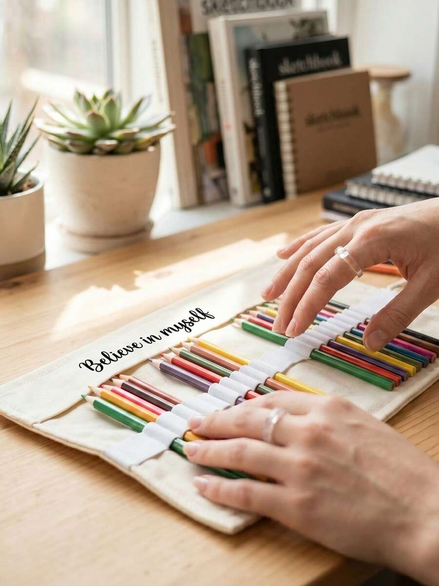 1Pc Personalized Custom Text Canvas Pencil Case Roll Organizer With 12/24 Slots For Colored Pencils & Brushes, Waterproof & Durable Art Pouch For School Office Travel, Stylish Stationery Storage For Artists Women, Perfect Creative Gift - Multicolor - View 1