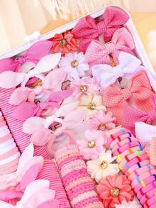 94pcs/Set Pink Sweet Floral Bow Hair Accessories Set, Includes Bows, Rhinestone Floral Hair Clips And Various Pink Toned Hair Ties, Colorful And Cute - Suitable For Girls And Women, Daily Styling, Campus Life, Vacation Dates, Graduation Party Outfits, Easily Master Versatile Cute Looks, Also A Top Gift Choice - Multicolor - View 5