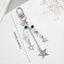 1pc Black & White Minimalist Star Beaded Keychain Pendant, Double-Layered Large & Small Pentagram Cross Metal Charm, Sweet & Cool Versatile Accessory For Backpacks And Phone Cases - Black and White 2 - View 5