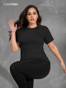 Plus Size Women Casual Sports T-Shirt, Round Neck With Curved Hem, Black - Black - View 9