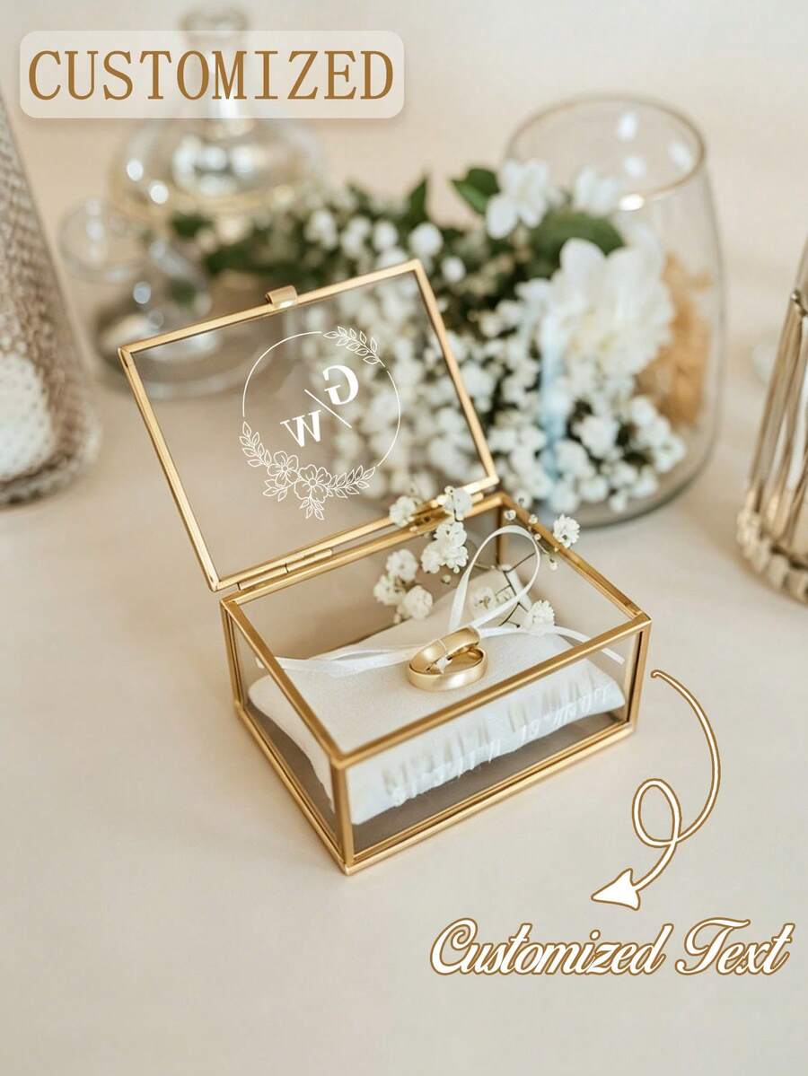 Personalized Gold Glass Ring Box, Vintage Wedding And Engagement Ring Box