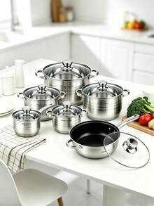 12pcs/6pcs Stainless Steel Kitchen Cookware Set, Non-Stick Frying Pan & Glass Lidded Stock Pots,Durable And Easy To Clean, Induction Compatible Kitchen Cooking Pot Set For Gas Electric Hobs, Home Kitchen Cookware Collection - View 6