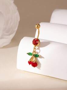 1pc Niche Luxury High-End Zirconia Cherry Belly Button Ring Pendant Navel Piercing Jewelry - Multicolor - View 4