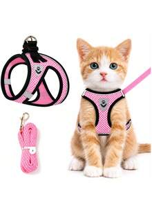 1PC Cat Harness And Leash For Walking, Escape-Proof Soft Adjustable Cat Vest Harness, Easy Control Breathable Reflective Striped Jacket, Black - Pink - View 7