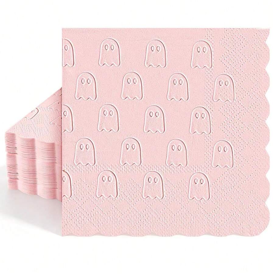20/40/60pcs Halloween Ghost Embossed Cocktail Napkins, Pink Scalloped Edge Disposable Beverage Napkins, Birthday Party Baby Shower Table Decor - Ghost - View 1