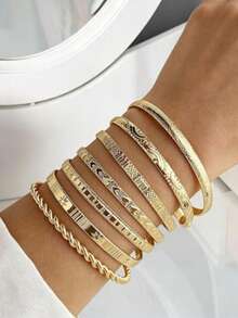 7pcs/Set Gold Bangle Set - Multi-Layer Stackable Textured Bangles Bohemian Style Jewelry - Gold - View 4