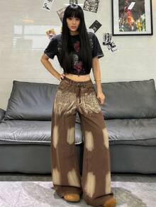 1件美式街頭風女款多眼手繪圖案寬腿牛仔褲，寬鬆四季牛仔長褲（不含腰帶/配件）休閒 - 咖啡棕 - 查看 3