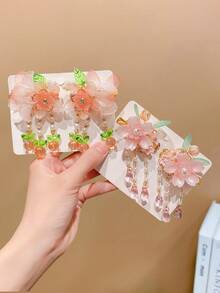 4pcs Girls Sweet Vintage Floral Tassel Hair Clips, Sweet Fashion Elegant Hair Clips - Multicolor - View 3