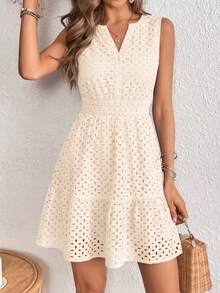 PRETTYGARDEN Women's Summer Dress Sleeveless V Neck Eyelet Cutout Swinging A-Line Flowy City Walks Wedding Guest Graduation Beach Vacation Sun Dress - 米色 - 查看 5