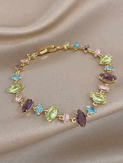 1 Peça Pulseira Delicada com Corrente em Ouro 18K Banhado, Zircónia Multicolorida Arco-Íris Vintage Francês, para Mulher, Uso Diário/Boho/Festa/Casamento, Presente para Mãe, Dia dos Namorados e Aniversário