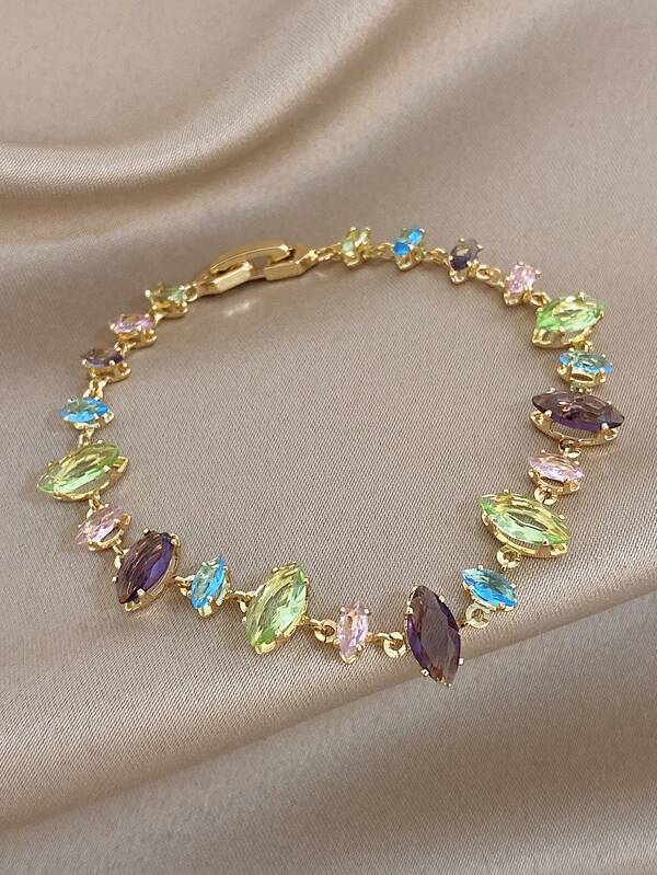 1Pc 18K Gold Plated French Vintage Multicolor Rainbow Zirconia Delicate Chain Bracelet For Women Daily/Boho/Party/Wedding,Mom Gifts, Valentine Birthday
