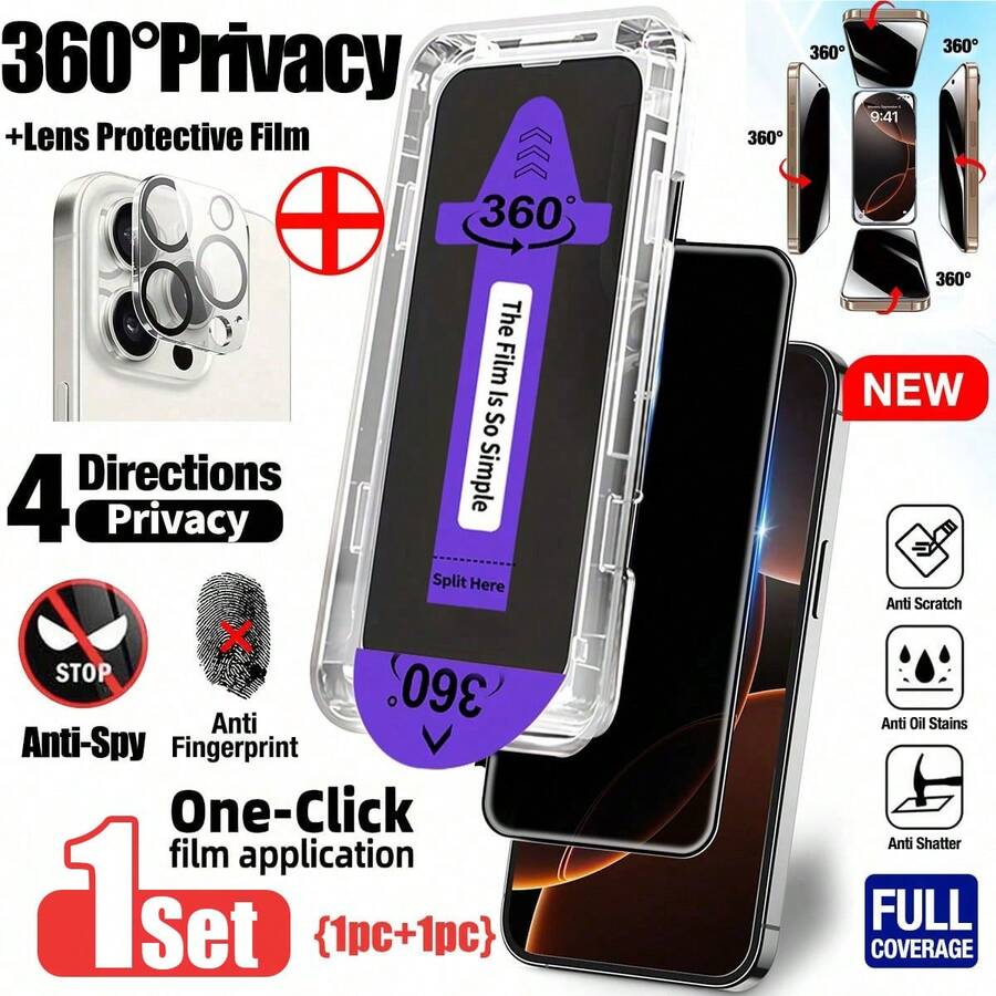 Yezodawee 1套包含1件360度隱私鋼化玻璃螢幕保護貼安裝套件 + 1件高清晰透明鋼化玻璃相機鏡頭保護貼自動對位套件,適用於 17/16/15/14/13/12/11/XS Max/XR系列,全螢幕覆蓋,防指紋、防摔、防刮,9H硬度防碎鋼化玻璃保護貼 - 1+1 - 查看 1