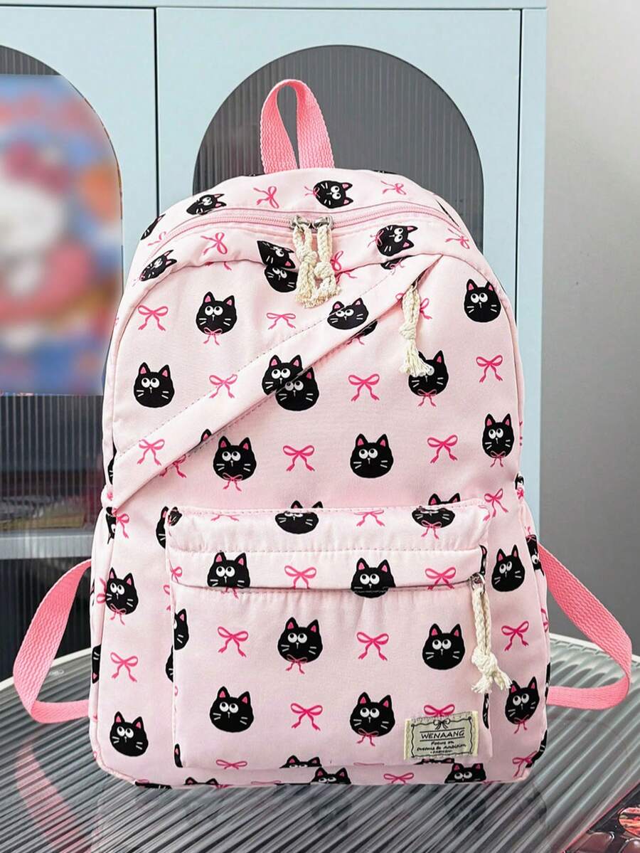 1 pieza Mochila de nailon de gran capacidad para estudiantes, mochila de gato con lazo para estudiantes universitarios, mochila de nailon, mochila de viaje - Rosa - Ver 1