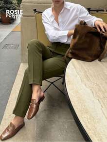 ROSIE POPHUB 女款軍綠色優雅高腰百褶直筒褲 單鈕扣修身顯瘦上班通勤長褲 秋冬日常穿搭 - 軍綠色 - 查看 6