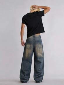 Minimalist Business For Every Season Men's Casual Classic Vintage Distressed Washed Denim Wide Leg Pants Versatile Fashion Social Office Loose Long Trousers - Dusty Blue - View 4
