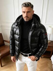 Men's Shiny Detachable Hood Long Sleeve Warm Padded Coat - Black - View 1