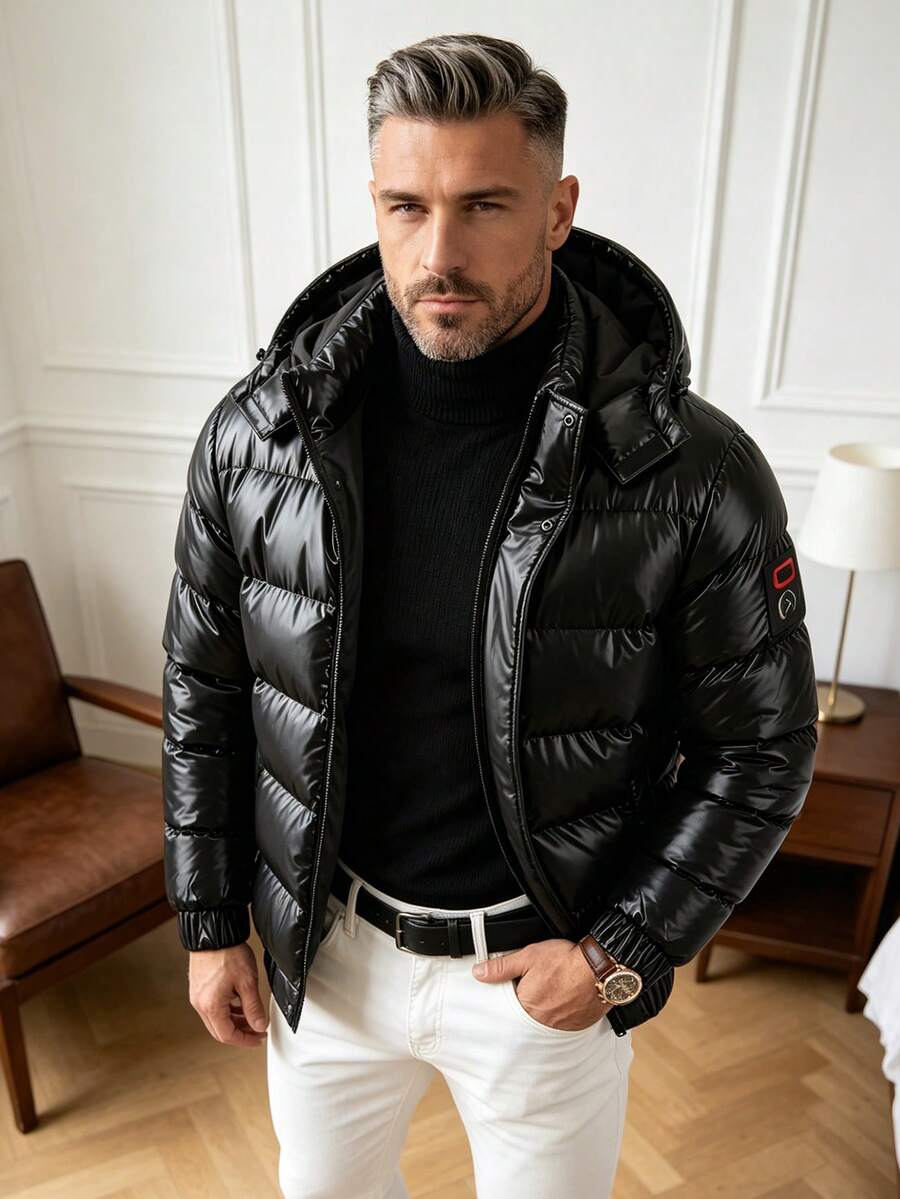 Men's Shiny Detachable Hood Long Sleeve Warm Padded Coat - Black - View 1