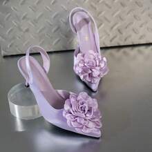 Women Lavender Satin 3D Floral Point Toe Slingback Stiletto Heels - Violet Purple - View 4