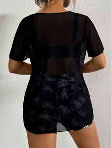 Conjunto de tankini de verano para mujer con parte superior e inferior, estampado de palmeras, informal, y cubre con parte super - blancoynegro - Ver 2