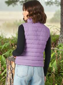 CHALECO PARA MUJER, ELEGANTE CASUAL LISO, GRAN CALIDAD,CUELLO ALTO, CON CIERRE, VARIOS COLORES - Lila Púrpura - Ver 2