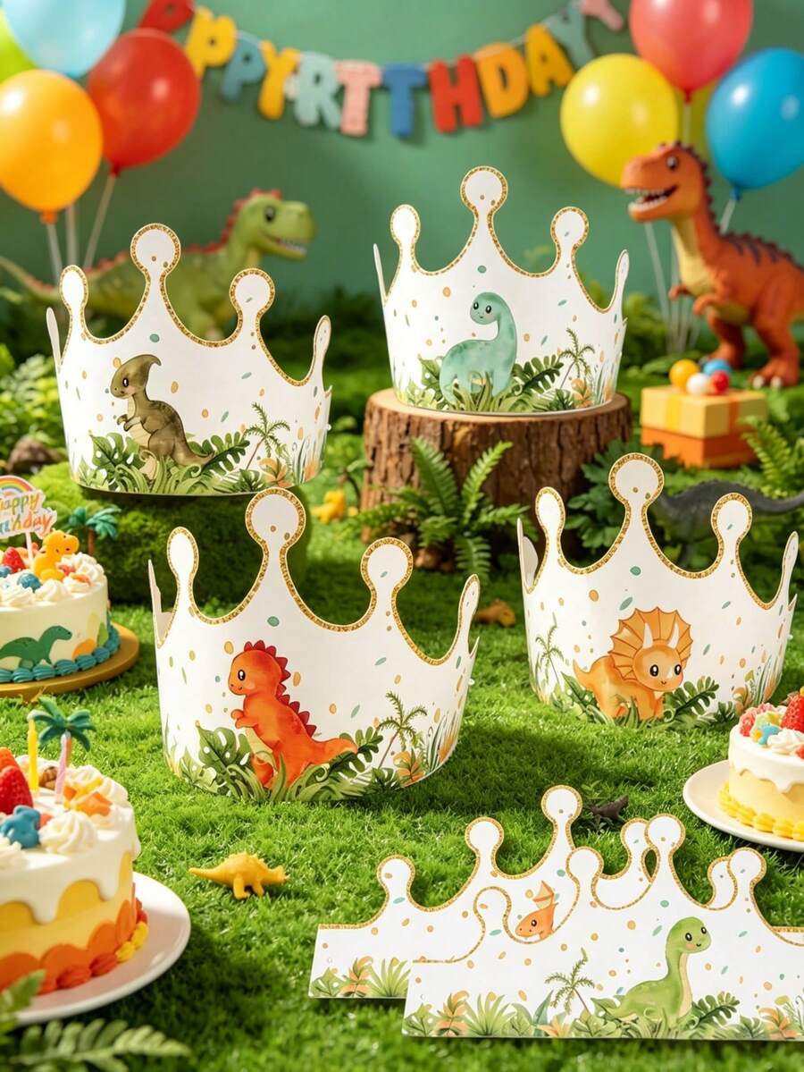 6pcs Dinosaur Theme Party Hats, Crown Shaped Birthday Hats, Dinosaur Theme "Wild" Birthday Party Decoration Hats, Happy Birthday Party Supplies, Holiday Celebration Party Headwear, Baby Shower Party Decoration, Gender Reveal Party Decoration, 1st Birthday Decoration, Boy Birthday Party Photo Props, Jungle Dinosaur Party Accessories, Birthday Gifts, Party Favors