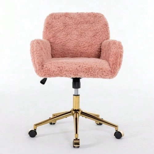 Dressing Chair In Fluffy Faux Rabbit Fur, Purple, Height Adjustable, 360° Swivel, With Armrests, Gold Metal Caster Base, Comfortable, Ideal For Bedroom Or Office, DE1831VT - 粉色 - 查看 1