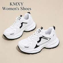 KMXY 女款四季新款厚底運動鞋，透氣網布低筒楔形跟休閒運動鞋，輕量百搭時尚繫帶白色運動鞋 - 黑色 - 查看 4