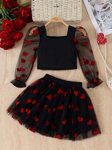 Girls' Spring/Autumn Fashion Sweet Heart Mesh Patchwork Square Neck Puff Sleeve Long Sleeve Top & Elastic Waist Skirt 2-Piece Set, Suitable For Daily Casual Outings - Black - View 2