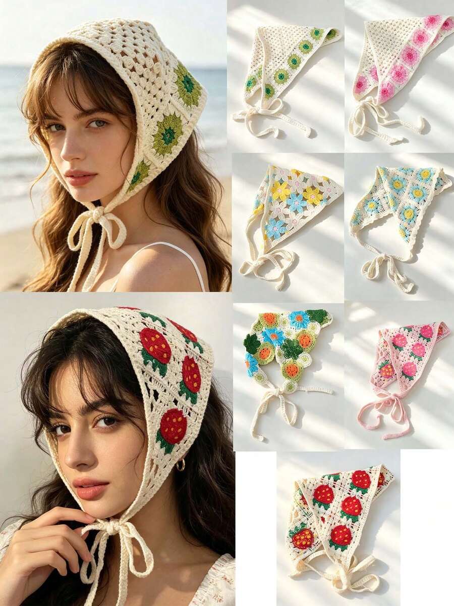 1pc Women's Pastoral Style Square Scarf, Multi-Functional Bohemian Headscarf, French Country Style Triangle Headwrap, Hollow Breathable Knitted Floral Tie-Up Headband, Spring/Summer Girl Picnic Travel Hair Tie, Vintage Floral Adjustable Tie Hair Accessory, Suitable For Vacation/Beach/Daily Wear - Multicolor - View 1