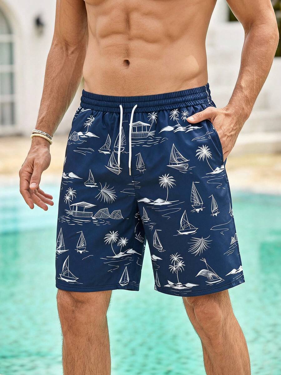 Mercer Haus Men's Swim Trunks, Loose Fit With Drawstring Waist, Rose Flower And "Love Rose For You" Text Design, Side Pockets Beach Shorts - Blue - View 1