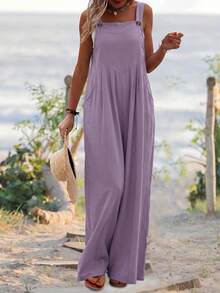 Women's Casual Solid Color Button Strap Wide Leg Jumpsuit, Spring/Summer - Purple - View 4