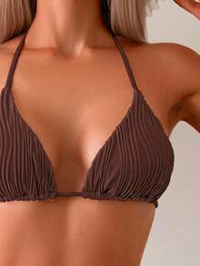 Women's Solid Color Special Wave Texture Fabric Triangle Back Bikini 2 Pieces Set Summer - Coffee Brown - View 3