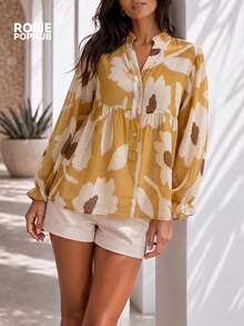ROSIE POPHUB Women Yellow Floral Print Notched Neck Long Sleeve Ruffle Hem Peplum Blouse Elegant Christmas Commute Daily Top Fall Winter - Yellow - View 4