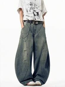 Modcrash Justice Brother 1pc Japanese Style Casual Men's Denim Cocoon Pants, Versatile Personalized Beaded Washed Fashion Wide Leg Loose Long Pants Fall/Autumn/Winter - Blue - View 6