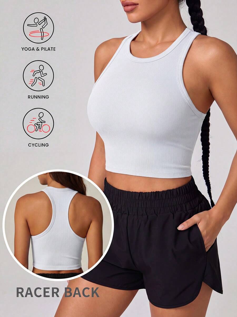 Women's Ribbed Knit Racerback Cropped Tank Top, Sports Support Breathable Innerwear, Yoga Top, Pilates Workout Wear, Suitable For Daily Commute, Gym Exercise, Outdoor Running Sports Top - White - View 1