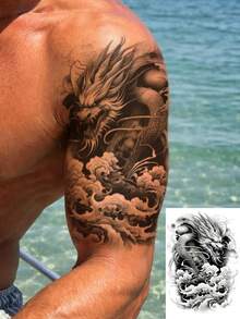 1 Sheet Men's Black Grey Chinese Dragon Temporary Tattoo Stickers, Traditional Oriental Cloud Wave Asian Dragon Ink Sketch Large Waterproof Body Stickers For Forearm Chest Rib Back Shoulder - Black - View 1