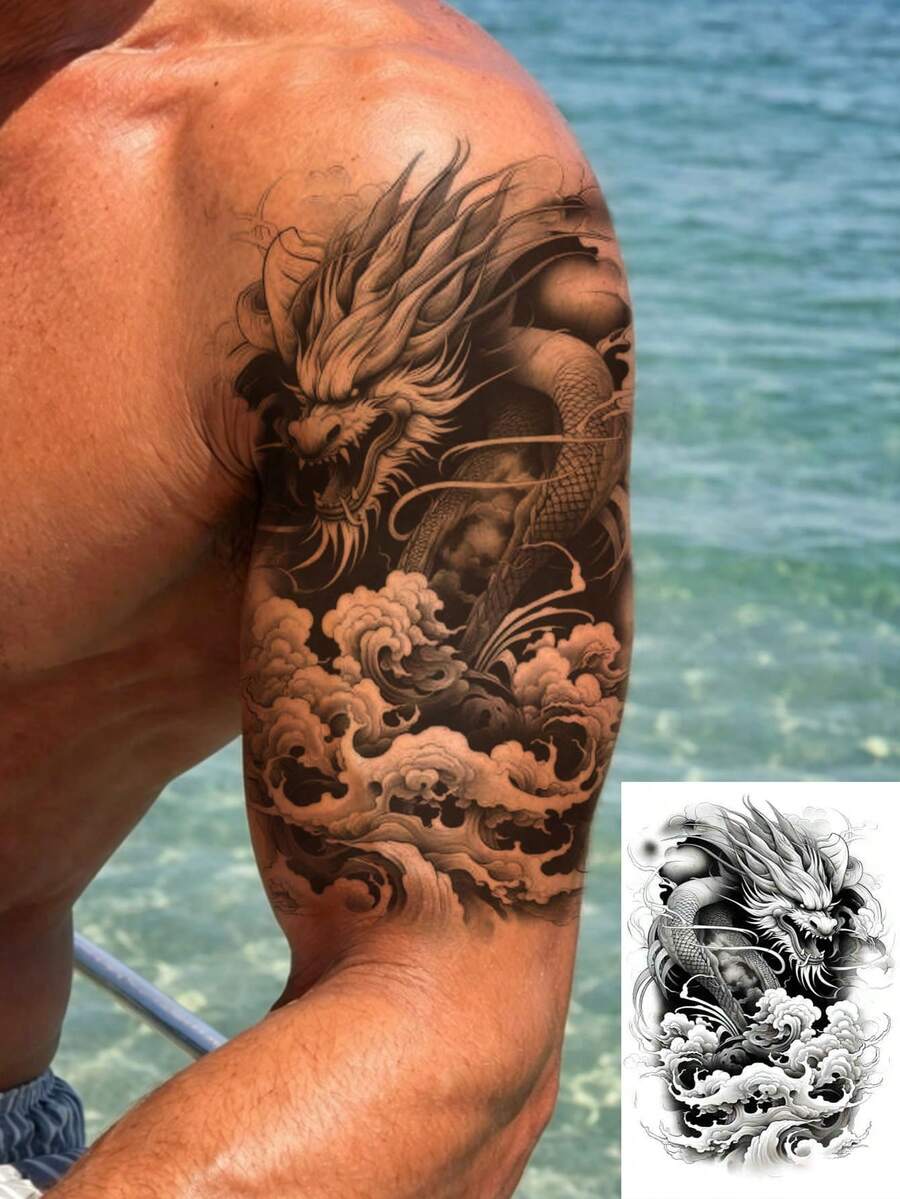 1 Sheet Men's Black Grey Chinese Dragon Temporary Tattoo Stickers, Traditional Oriental Cloud Wave Asian Dragon Ink Sketch Large Waterproof Body Stickers For Forearm Chest Rib Back Shoulder - Black - View 1