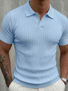 Men's Classic Ribbed Knit Polo Short Sleeve Shirt, Solid Color, Suitable For Summer Outings, Fashion Essential - Baby Blue - View 3