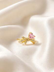 1pc Fashion Rhinestone Bow Heart Open Ring, Unique 3D Ring, Suitable For Daily Wear, Jewelry Accessory, Music Festival Gift, Birthday Gift For Friends - Yellow Gold - View 4