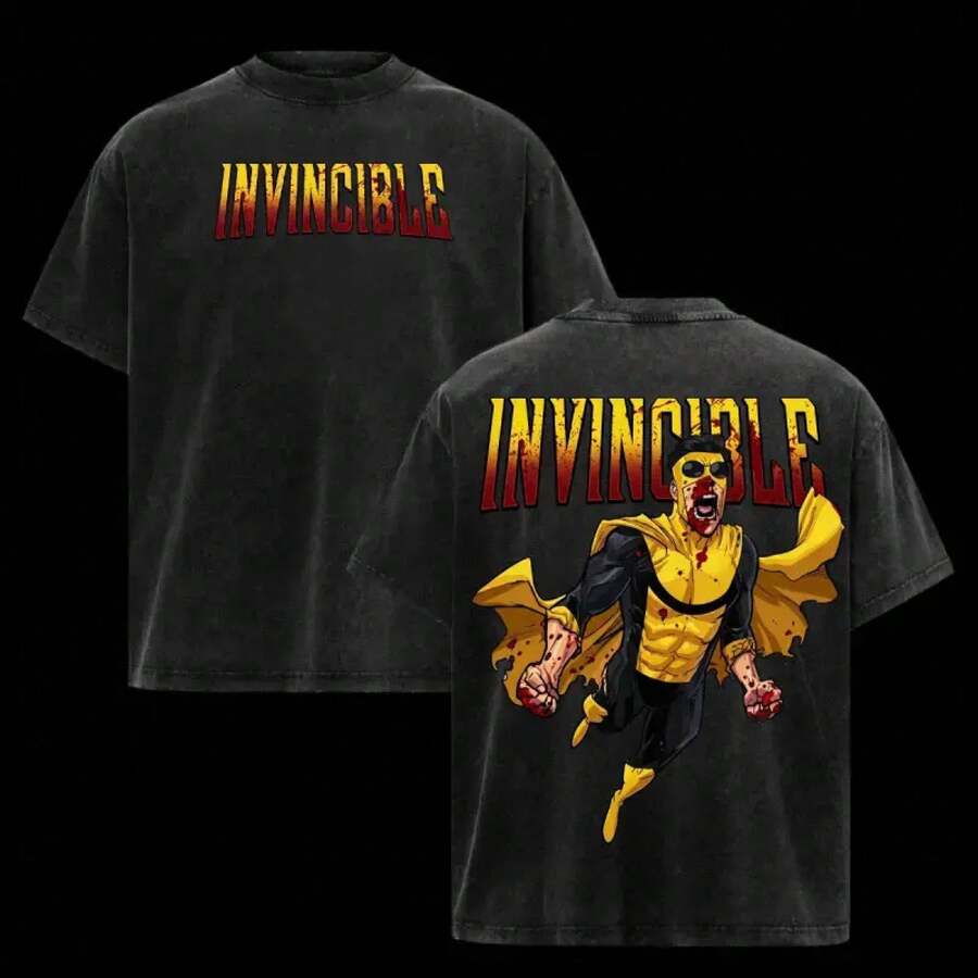 Camiseta con Gráficos de Cómic de Superhéroe Invencible, Estampado Retro de Mark Grayson, Algodón Grueso con Efecto Lavado Ácido, Estética Streetwear Oversize, Camiseta Casual Unisex de Mang - Negro - Ver 1