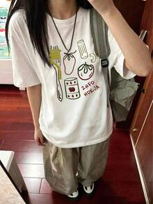 大尺碼女款純色短袖T恤，獨特印花設計，夏季新款，寬鬆修身，休閒白色上衣 - 白色 - 查看 5